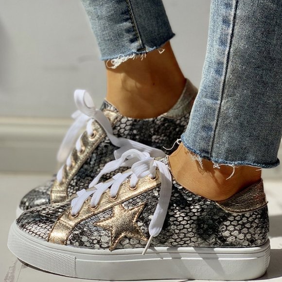 Shoes - Snakeskin Star Lace-Up Sneakers
